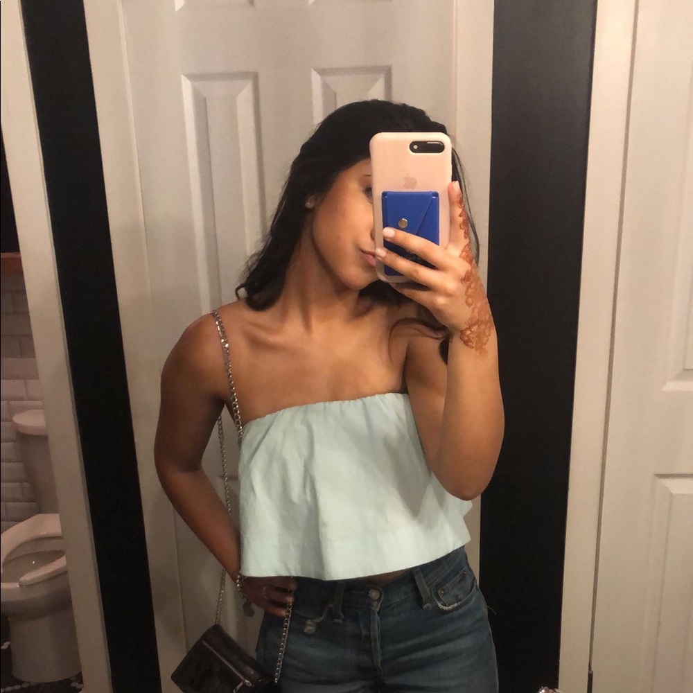 Blue strapless Aritizia top